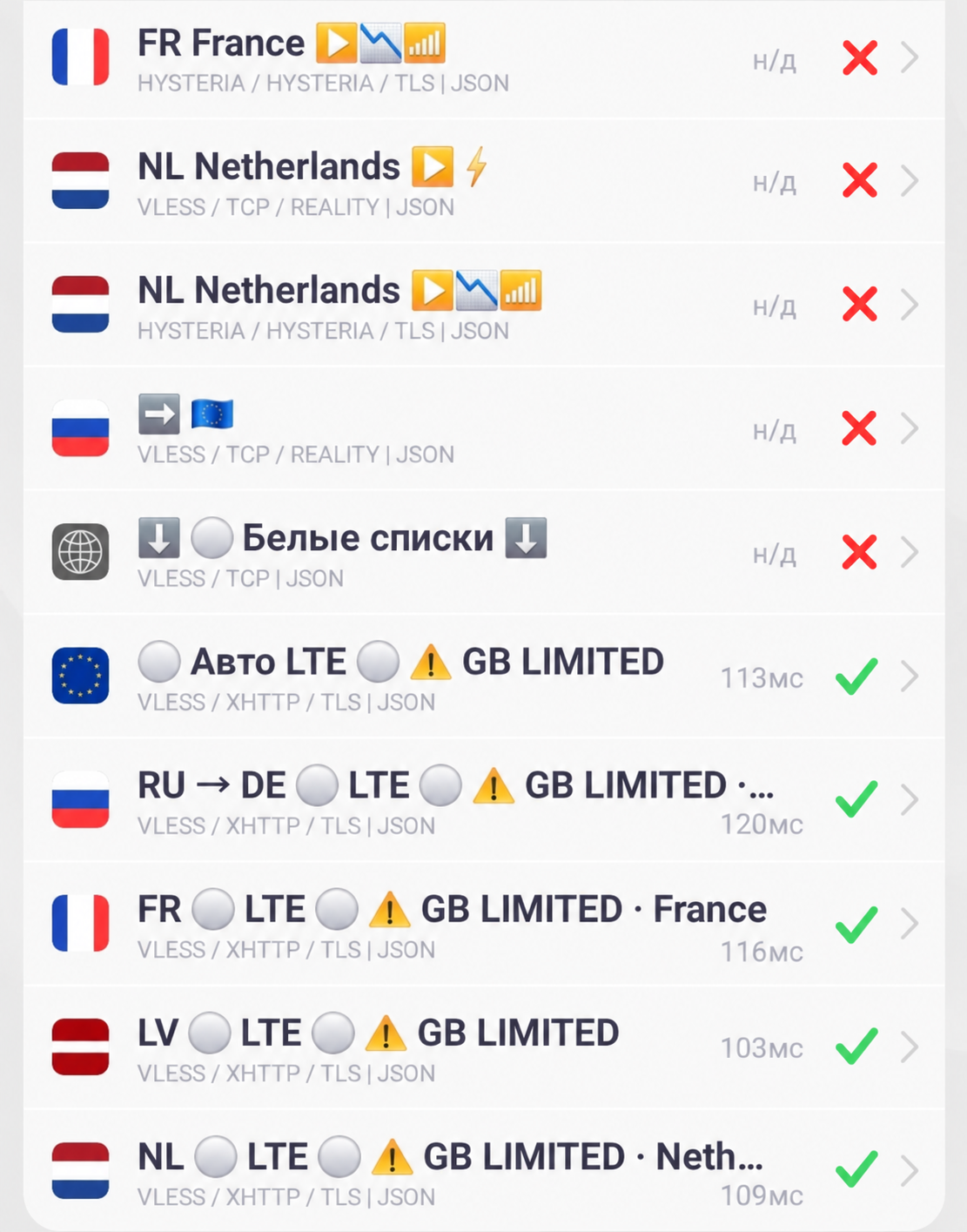 Пример доступных Авто LTE и LTE серверов при недоступности основных серверов